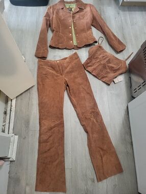 Vintage Maxima Wilson's Suede Leather Women’s BrownPants & Jacket Set 3 Pc
